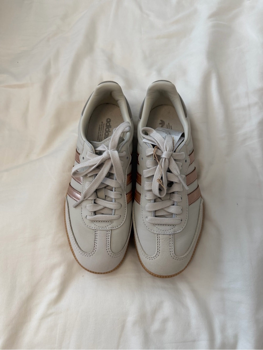 BNWT Adidas Gazelle-Style White Sneakers with Rose Gold Stripes